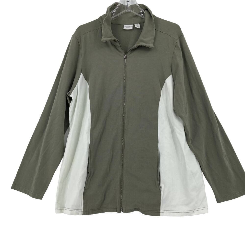 Chico's Weekends Jacket Size XL Olive Green White Color Block Pockets Stretch